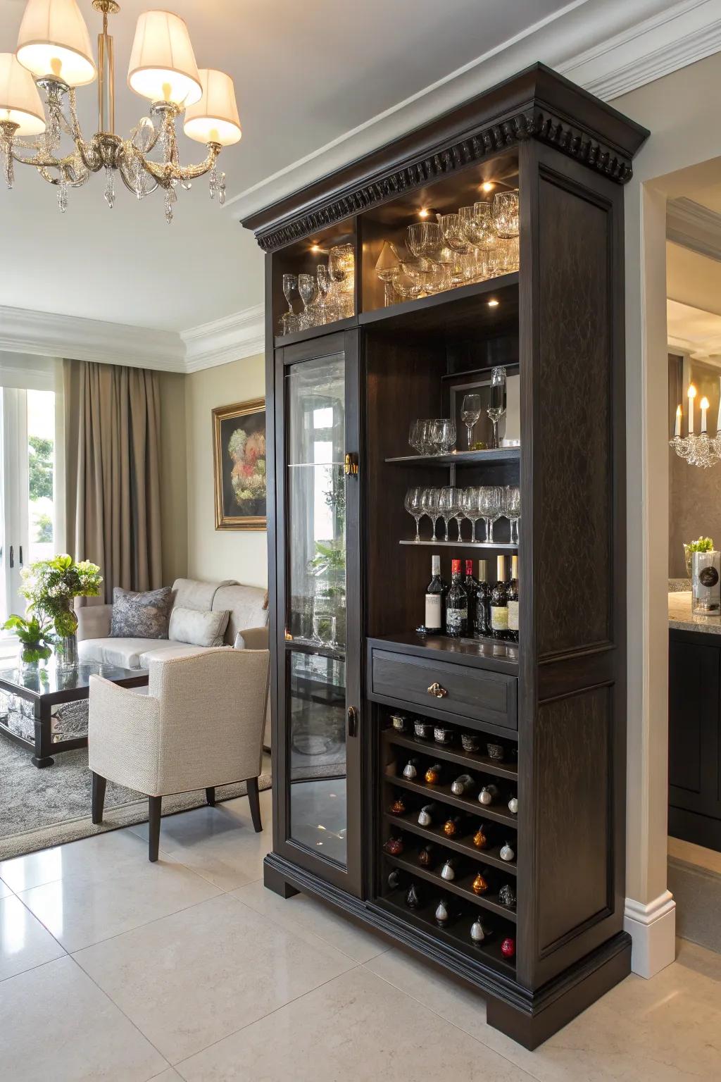 A converted armoire mini bar adds sophistication and fun to any gathering.