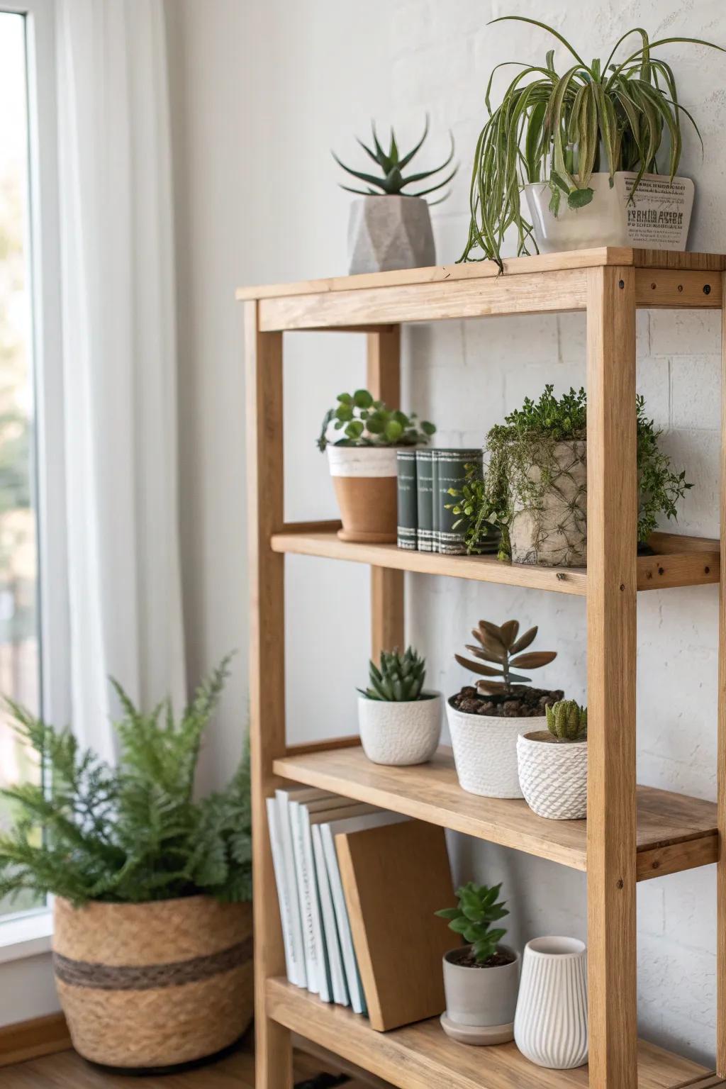 Elevate your space with a touch of nature: transform your bookshelf into a serene mini-garden.