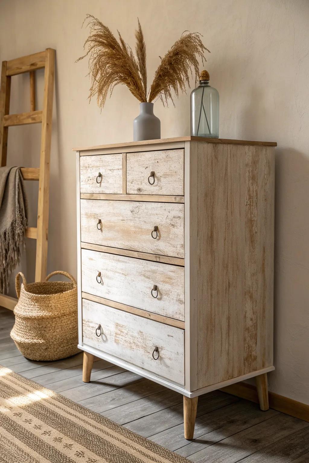 Embrace the charm of imperfection with a distressed dresser that tells its own story.