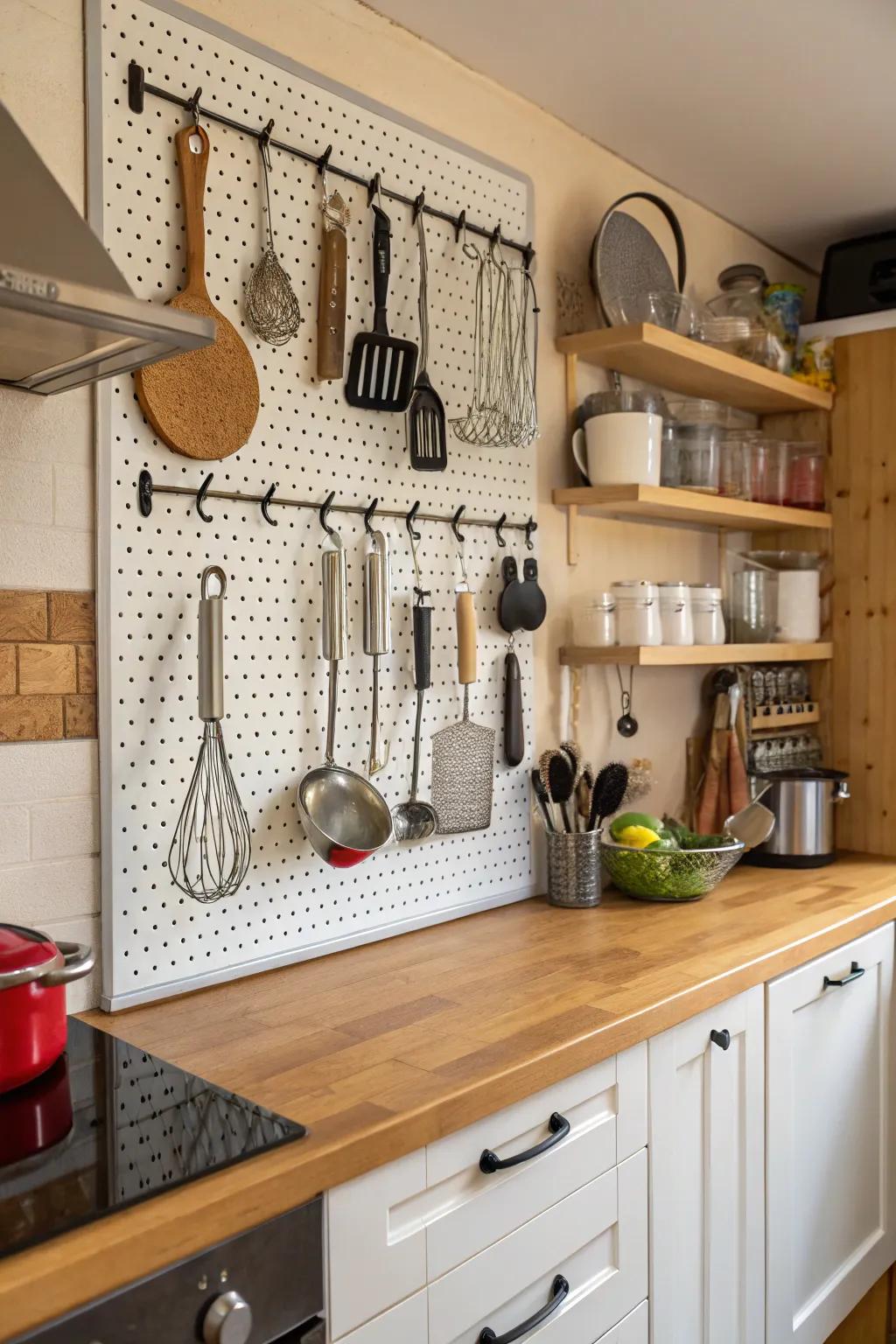 Pegboard walls offer flexible storage and display options.