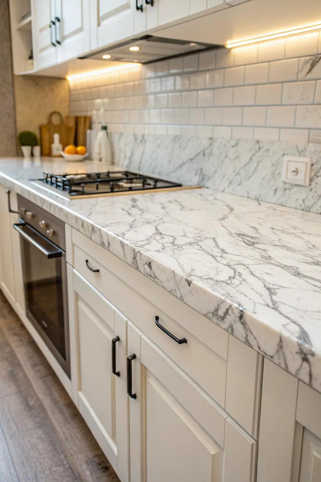 Contact paper gives rental kitchen countertops a luxurious look.