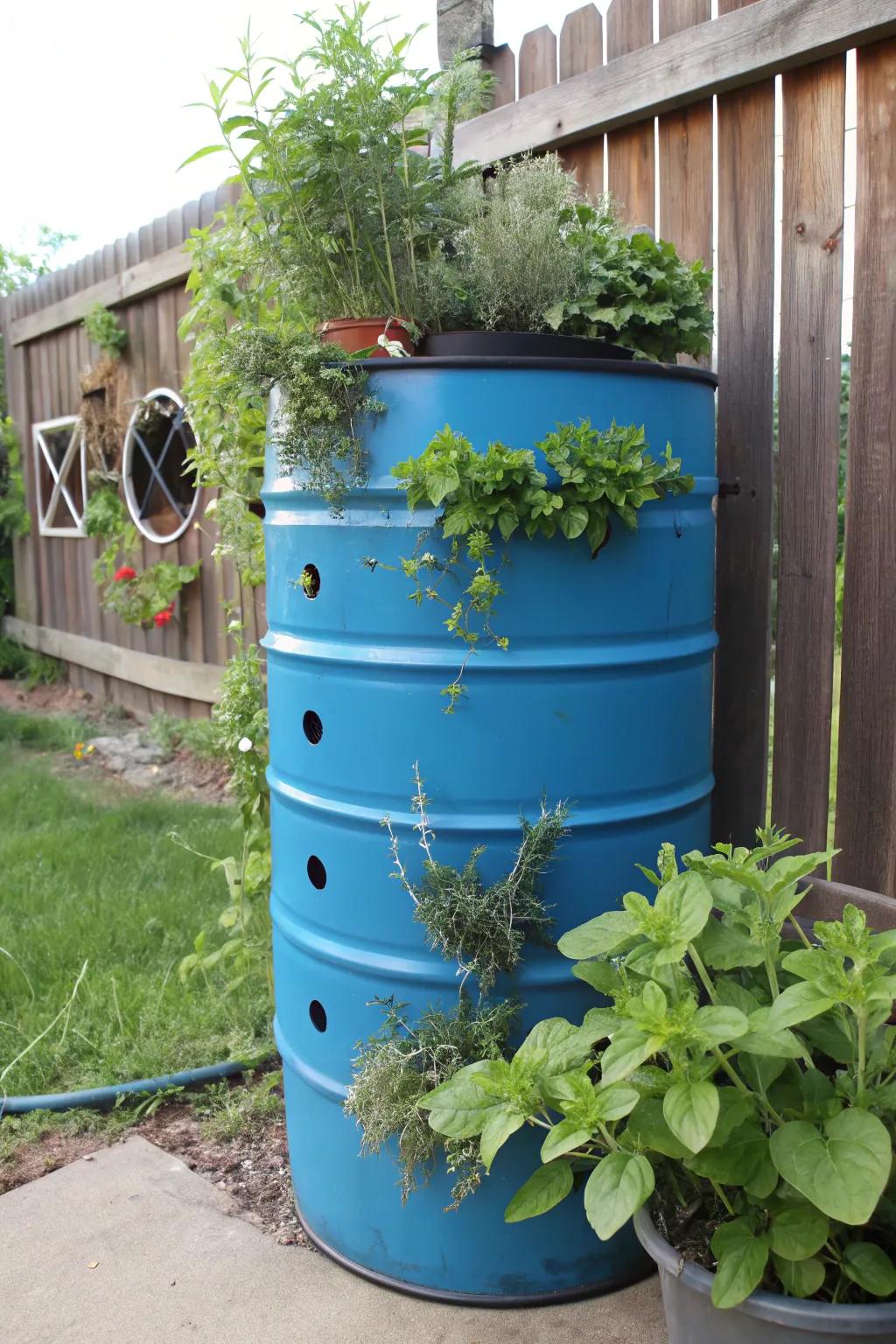 Transform your space with this innovative vertical garden idea using a 55-gallon drum. Fresh herbs, fresh inspiration!