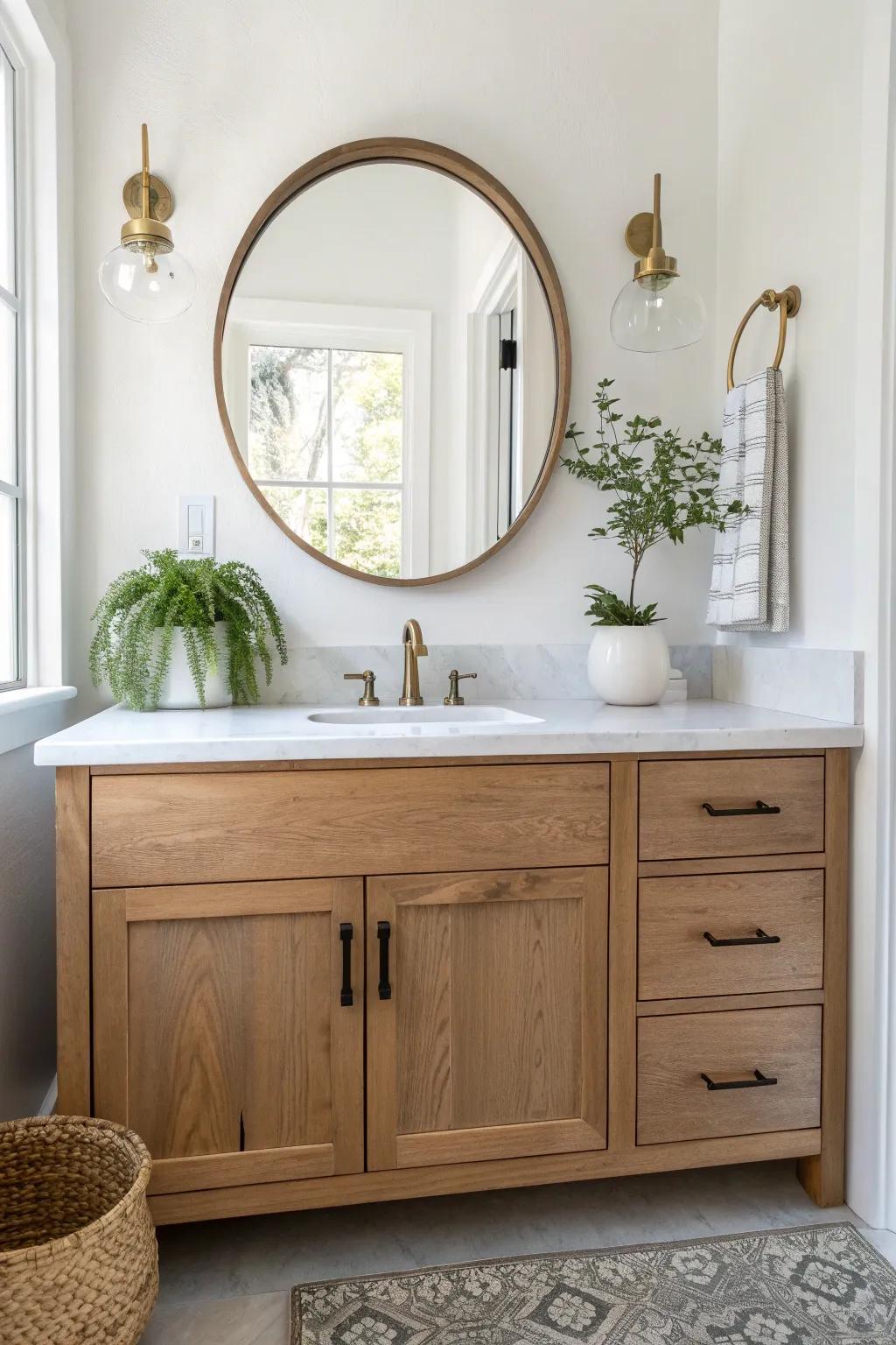 Transform your space with a stunning bathroom vanity made from repurposed cabinets, combining minimalist elegance with a Boho twist.