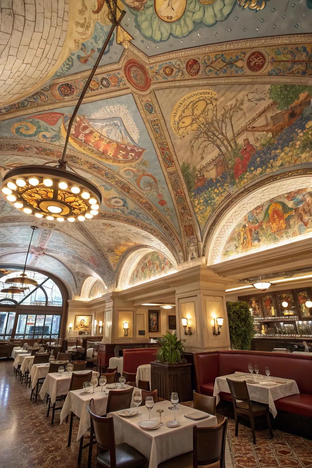 Artistic murals can transform a ceiling into a masterpiece.