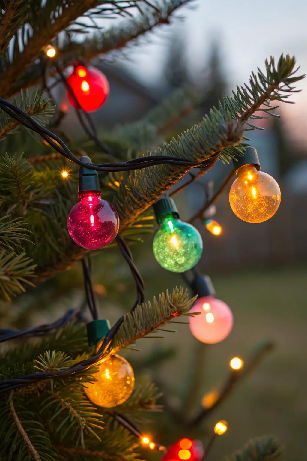 Bubble lights add a playful, nostalgic touch to the tree.