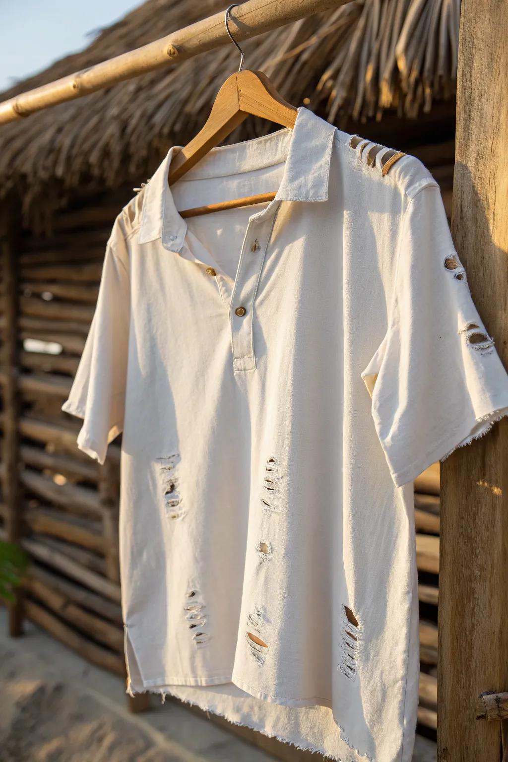 Redefine casual with this effortlessly cool off-shoulder ripped shirt look.