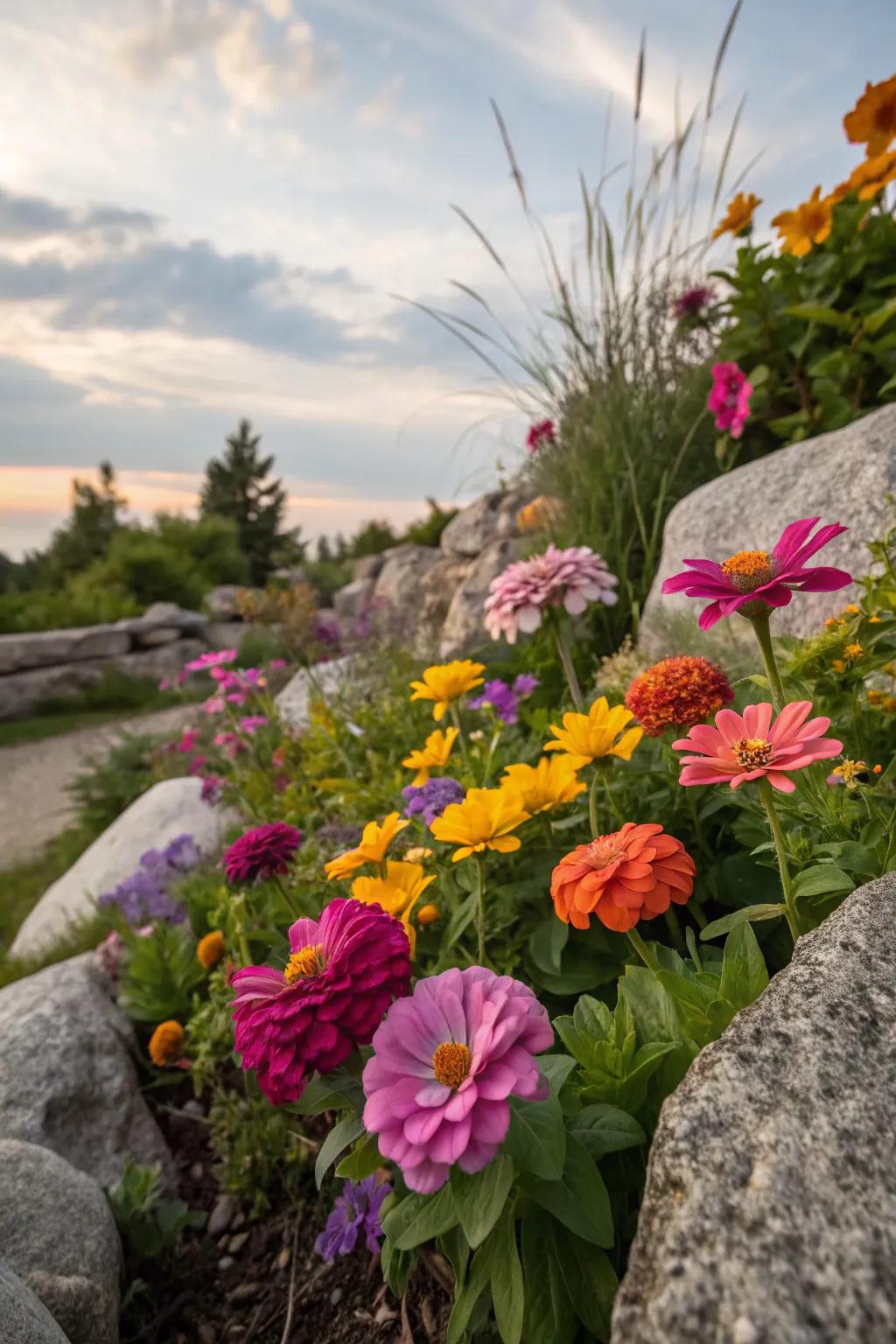 Perennial flowers provide long-lasting beauty in a rock garden.