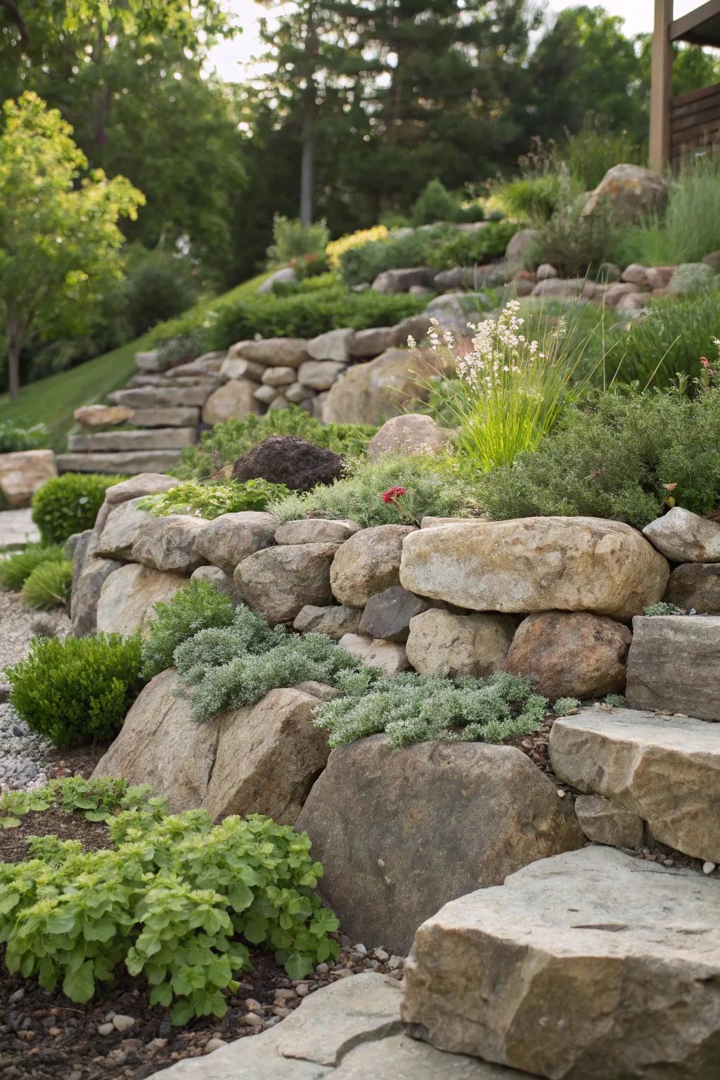 Layered rocks add texture and depth to garden beds, highlighting plantings beautifully.