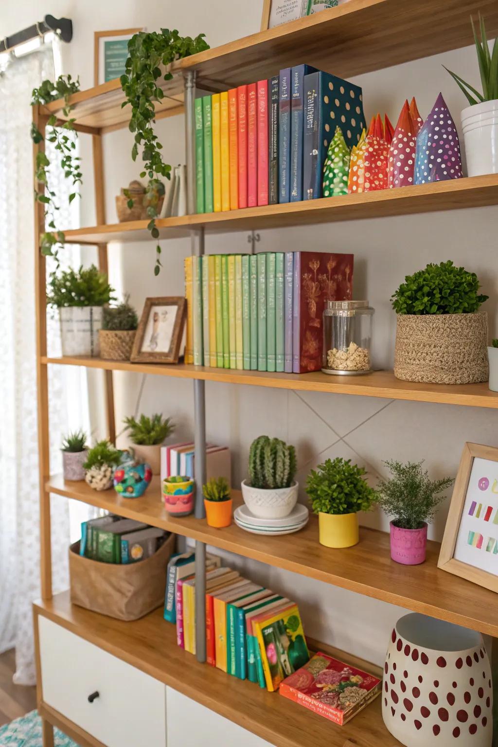 Shelves adorned with small faux plants and decor items.