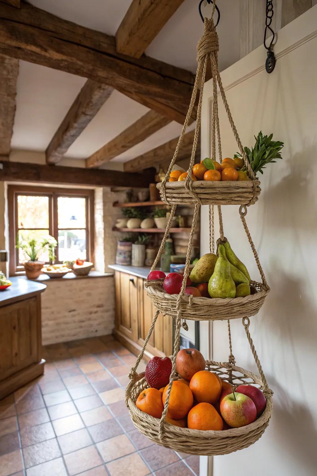 Hanging rope baskets are both space-saving and stylish.