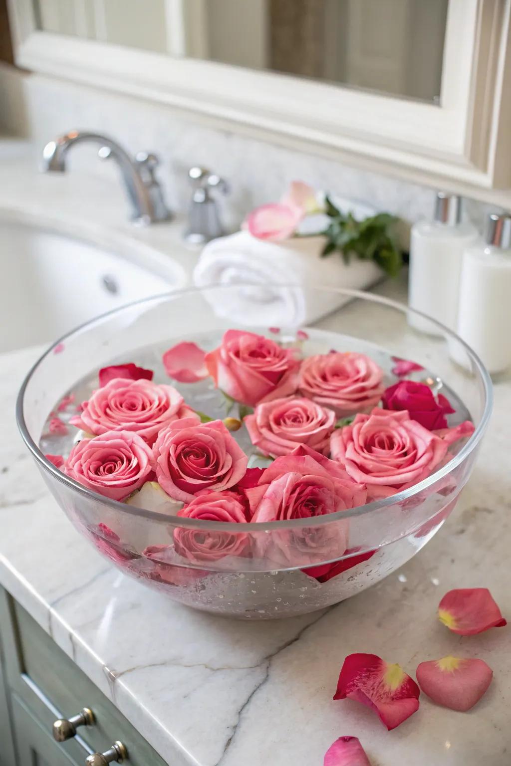 Floating rose heads offer a calming, spa-like ambiance.