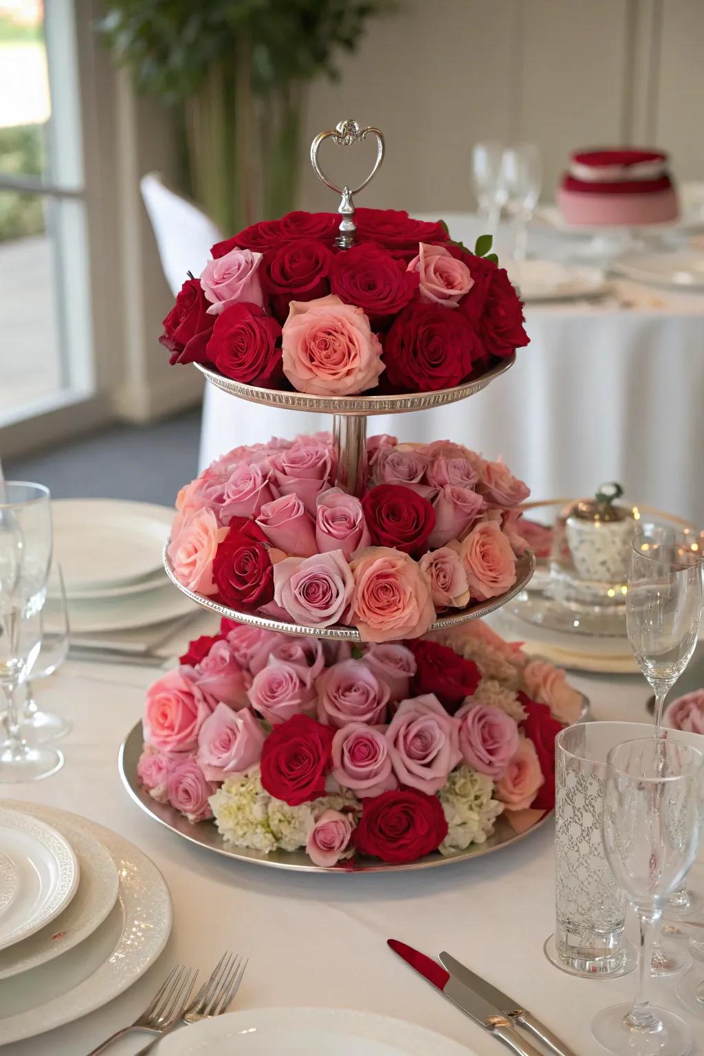 Layered rose arrangement adds elegance and dimension.