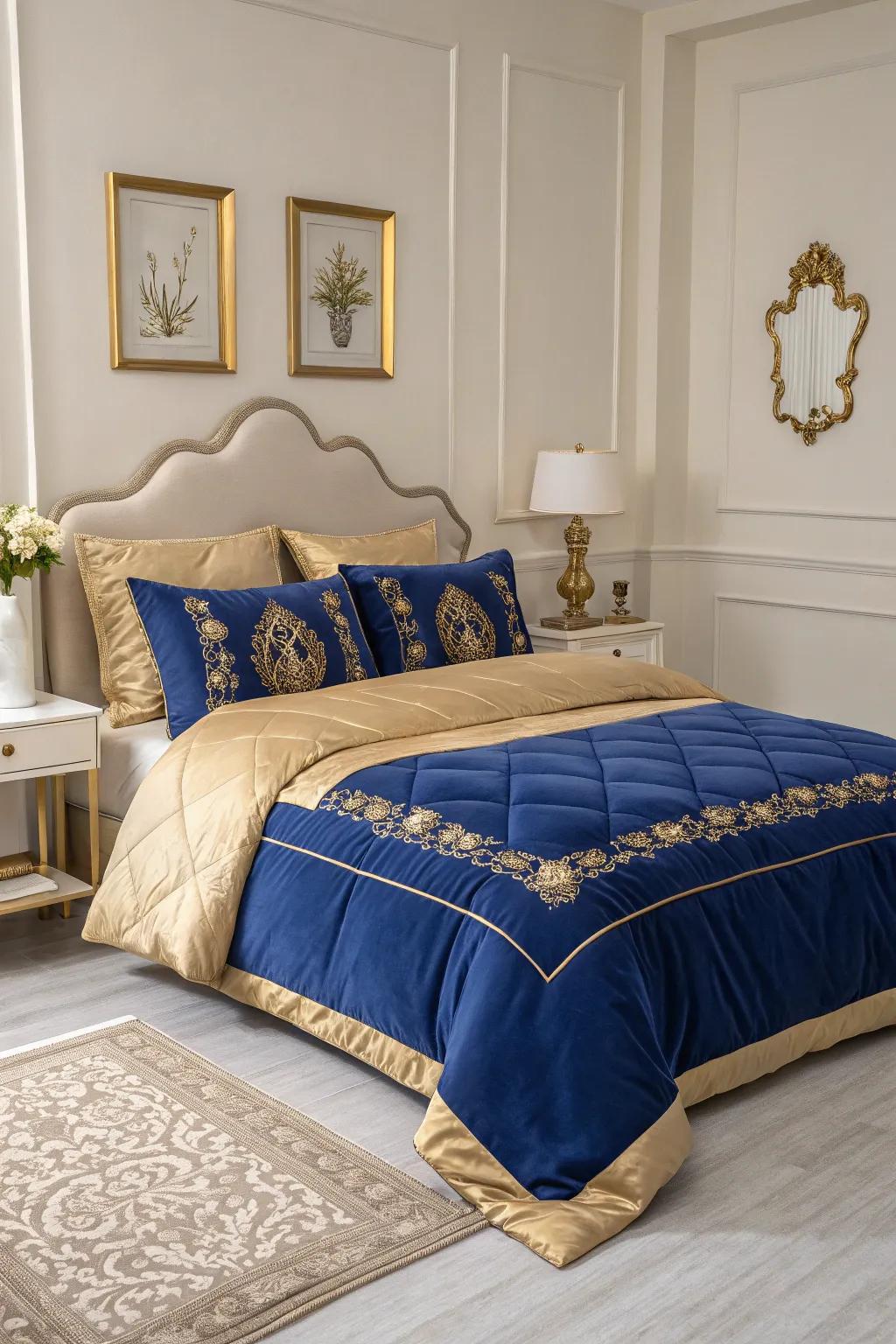 Neutral tones balance the vibrancy of royal blue and gold.