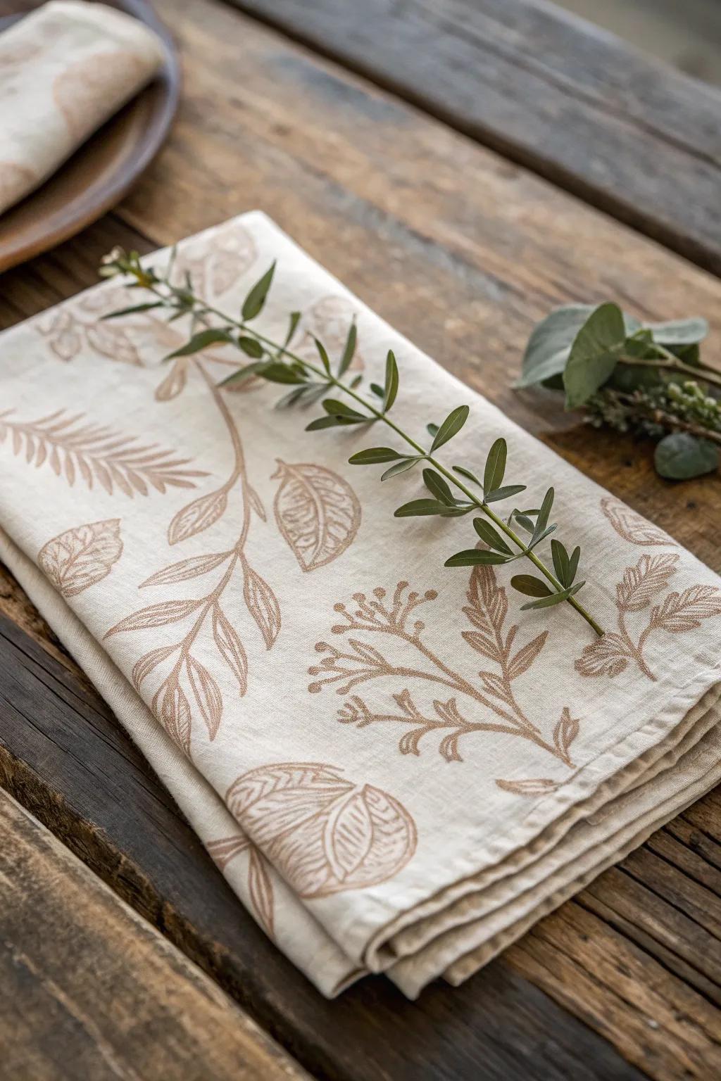 Elevate your dining experience with hand-stamped botanical napkins that bring a touch of nature to your table.