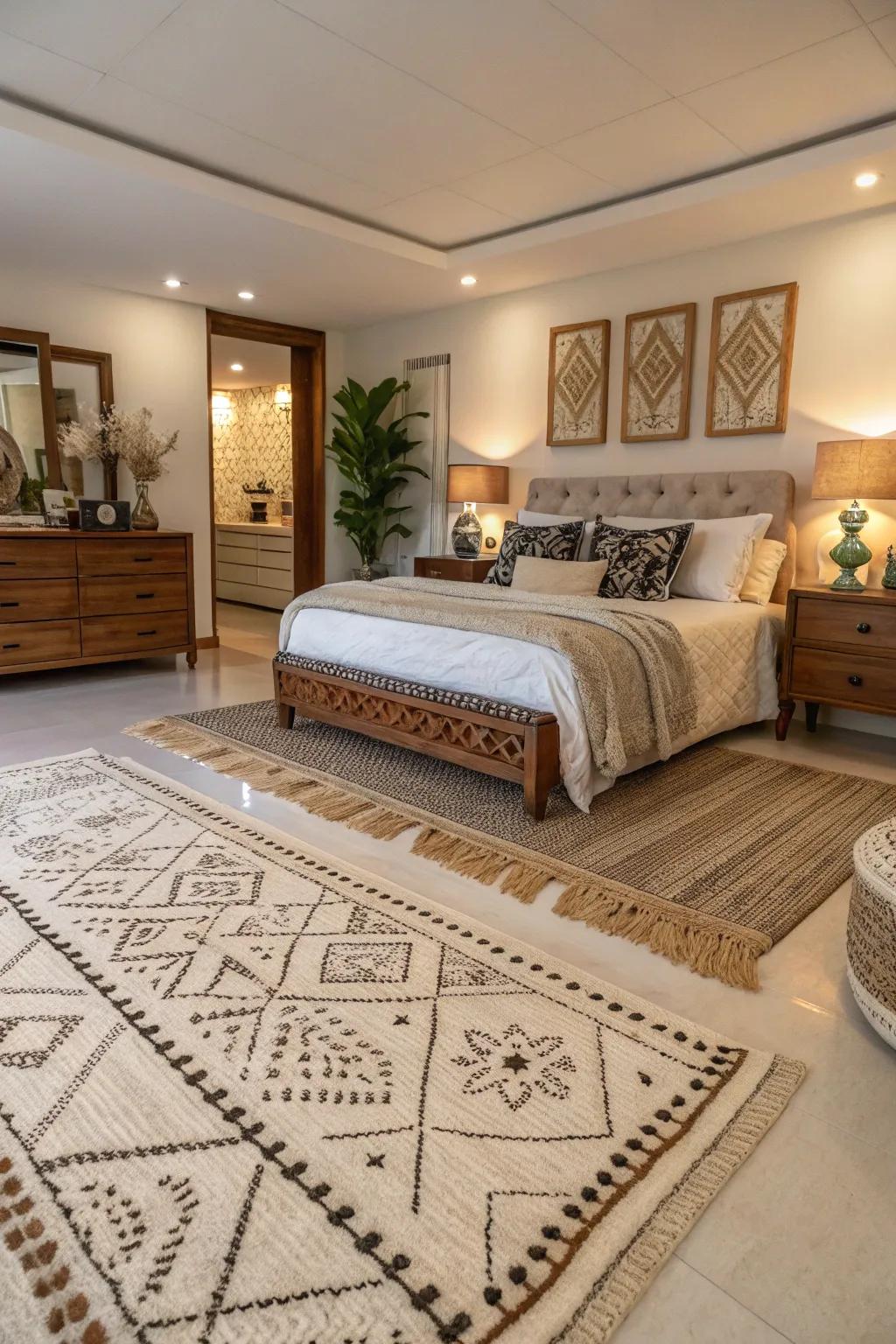 Layered rugs create a dynamic and textured look in a spacious bedroom.