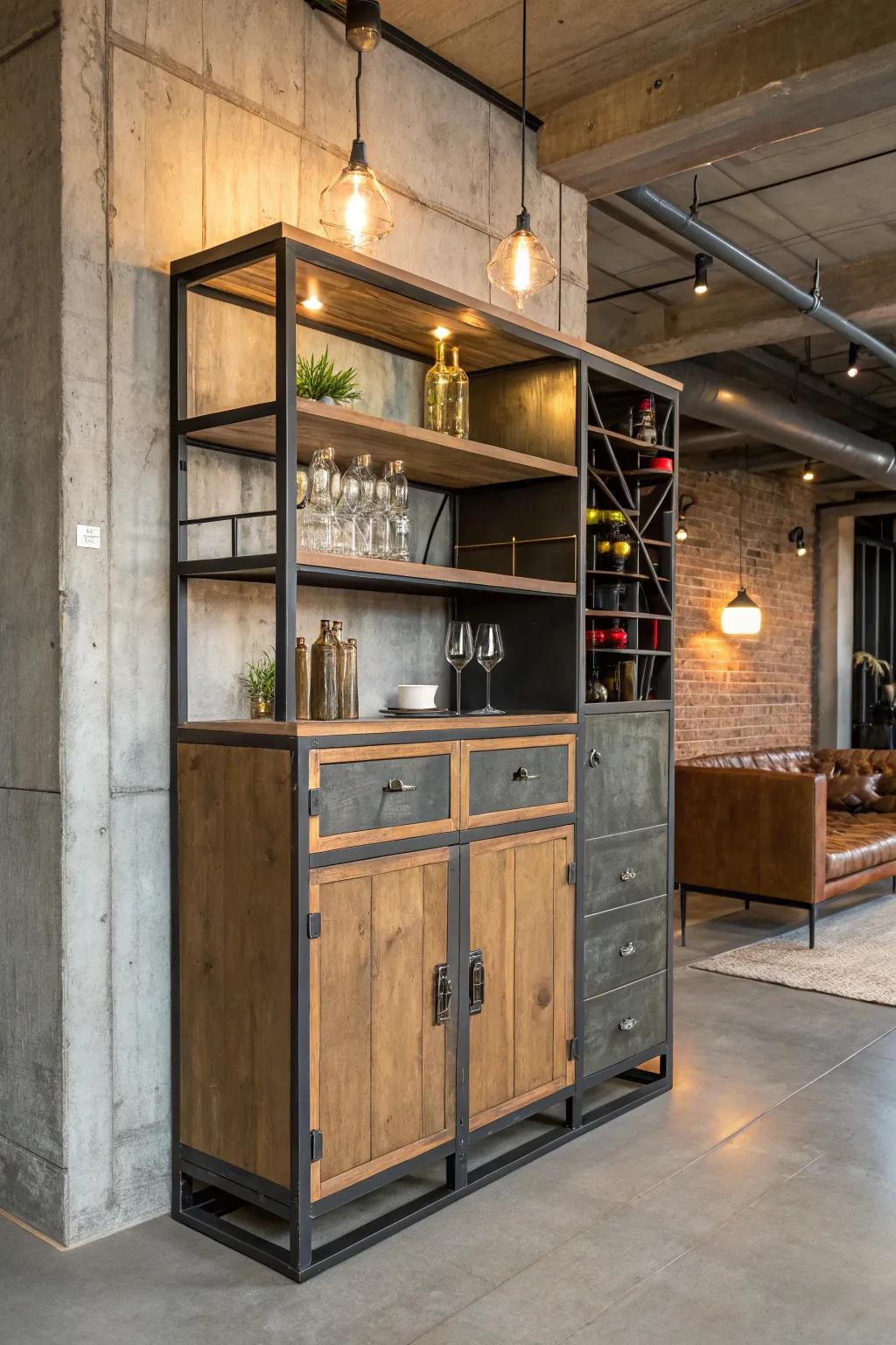 An industrial rustic bar cabinet, blending modern and vintage styles.