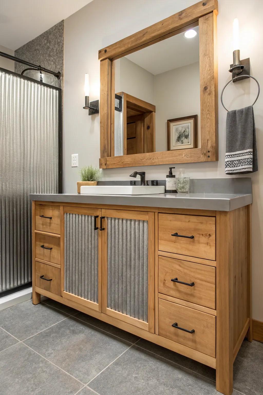 A rustic bathroom vanity featuring corrugated metal accents for a distinctive look.