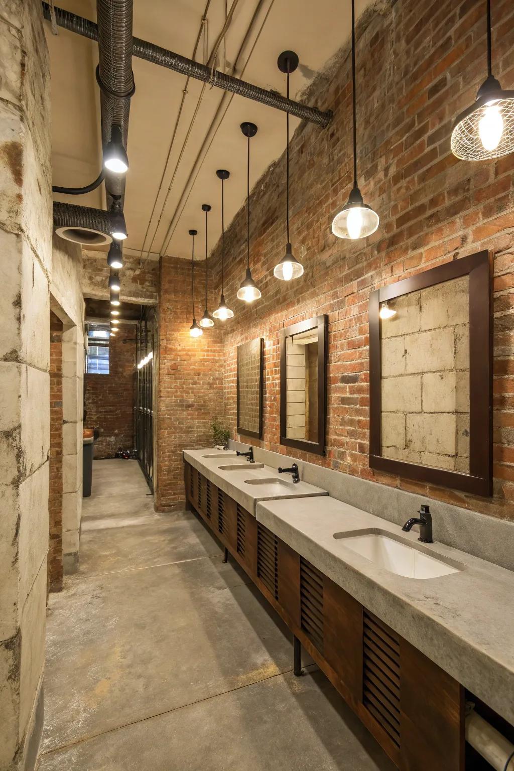 Pendant lighting adds a touch of vintage charm to industrial bathrooms.