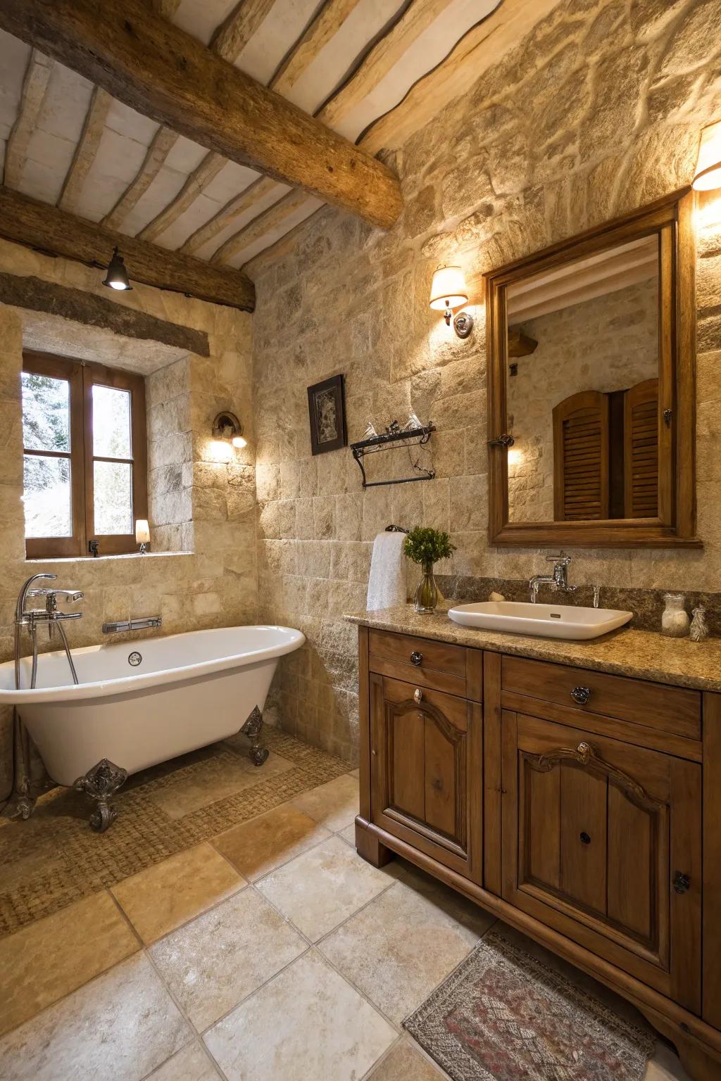 Wooden elements paired with travertine create a cozy, rustic ambiance.