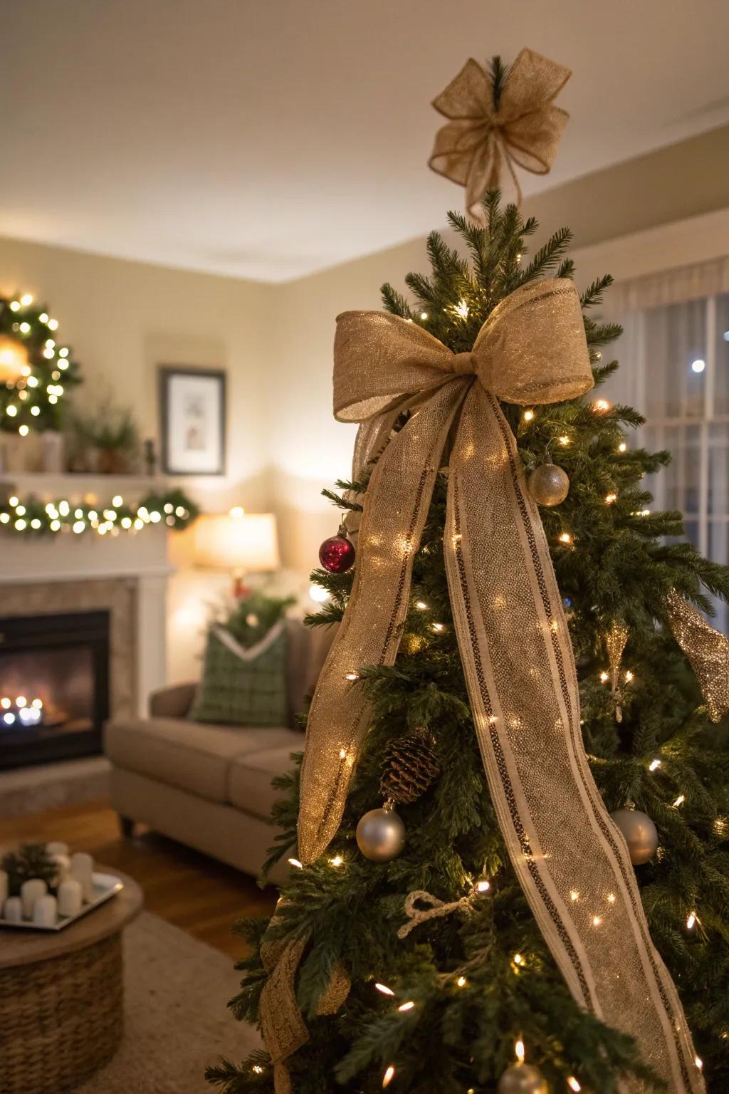 A large burlap ribbon bow creates a soft, rustic charm atop the Christmas tree.