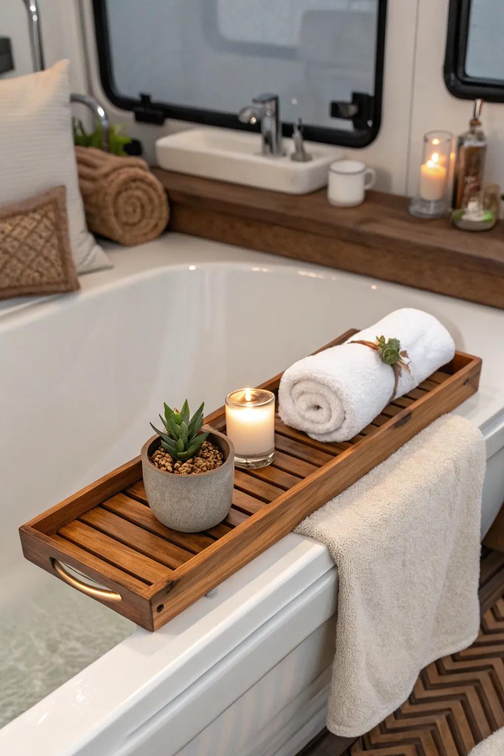 Elevate your RV experience with rustic elegance: a handcrafted wooden bath tray that brings warmth and charm to your travels.