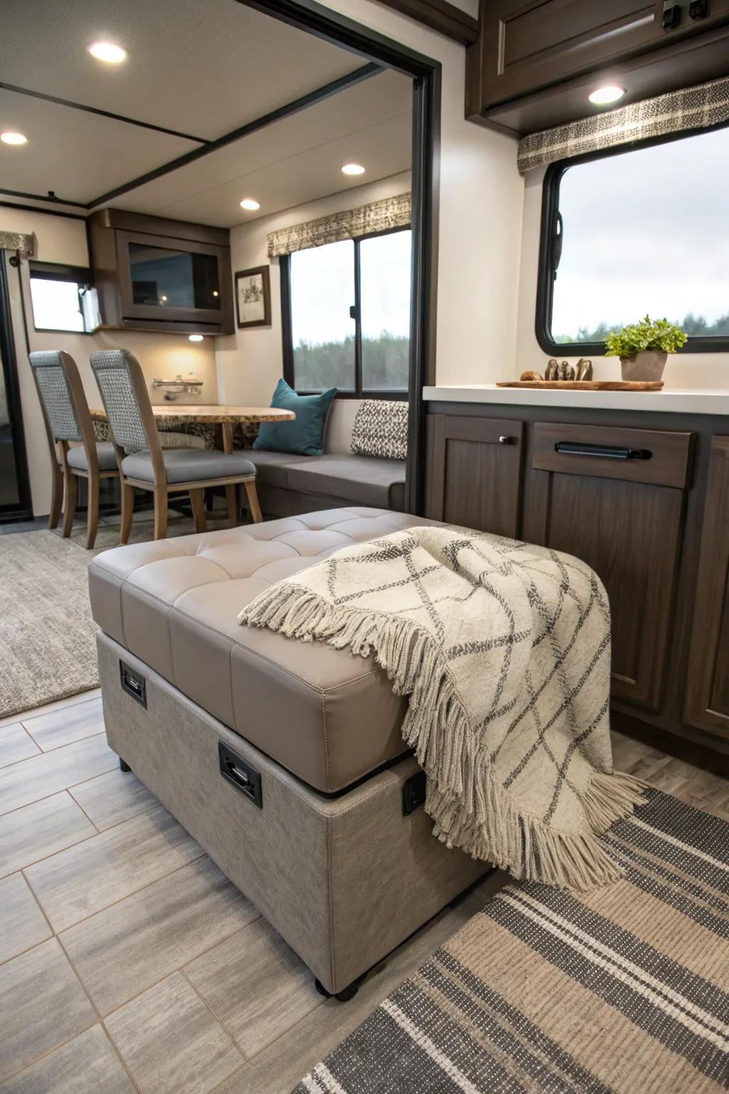 A storage ottoman is both a functional and fashionable choice for RV living.