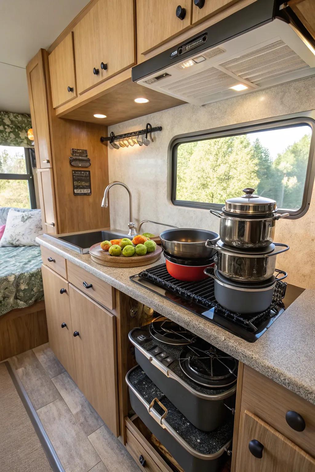 Nesting cookware efficiently uses limited kitchen space.