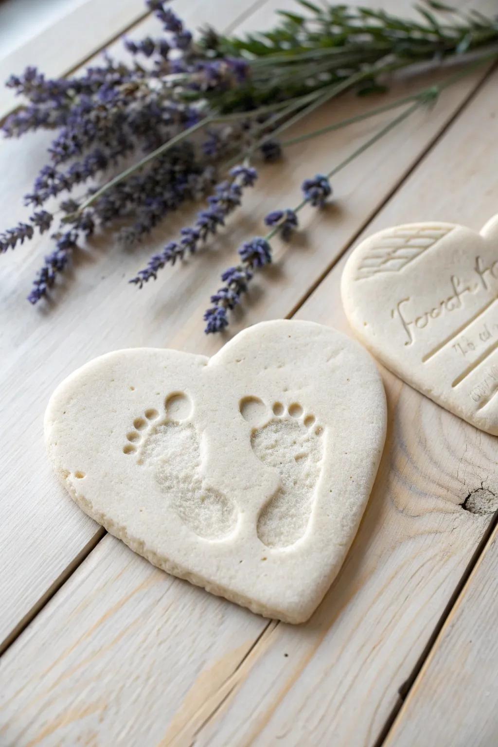 Capture the essence of your little one's growth with this charming footprint heart art. A keepsake that blends simplicity and natural beauty.