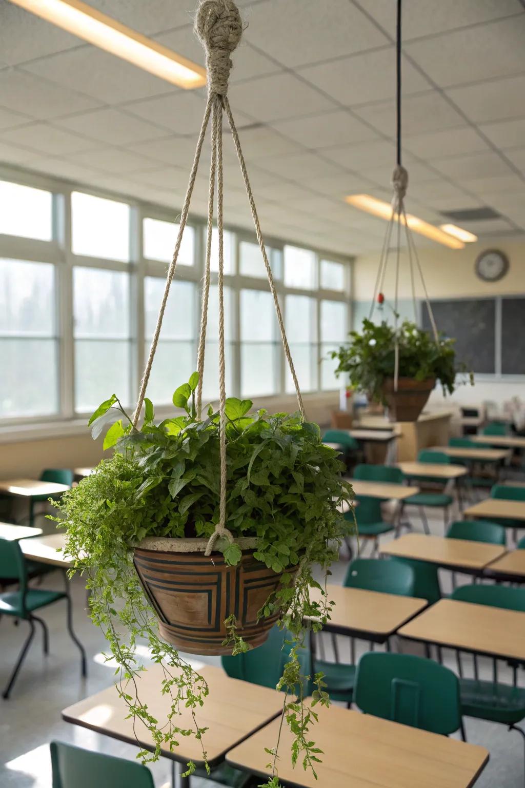 Hanging plants add a fresh and natural element to the classroom.