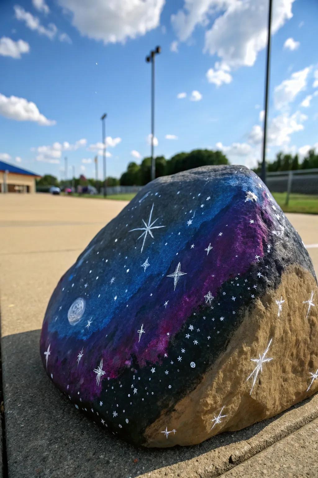 A mesmerizing galaxy-themed rock painting that captures the beauty of the cosmos.