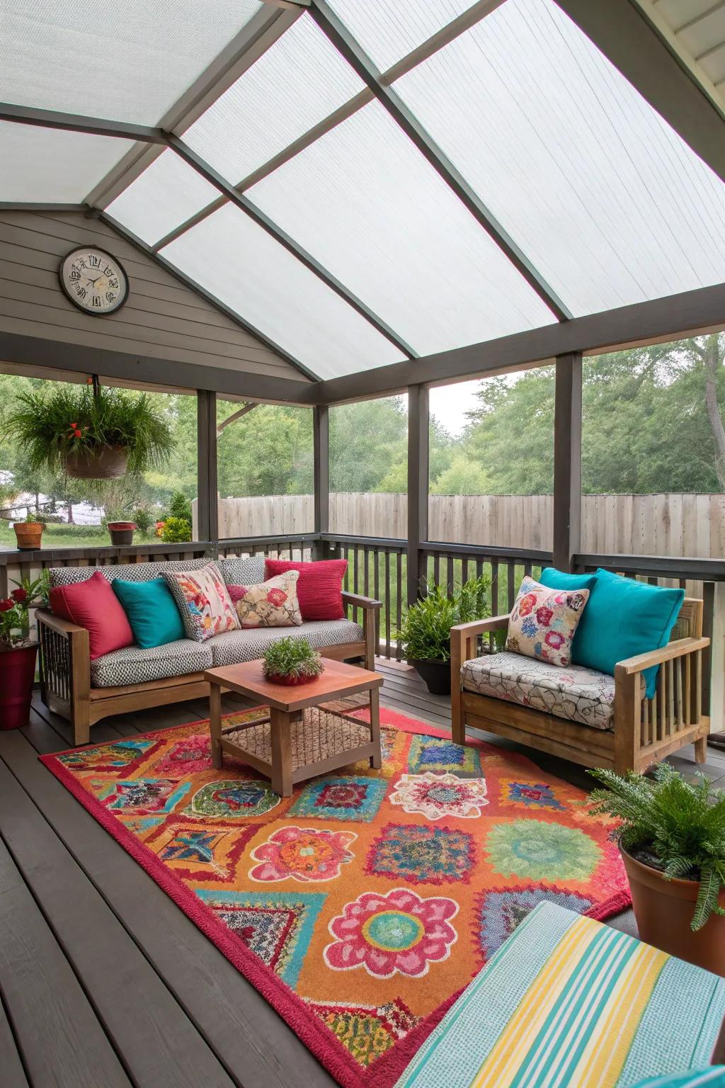 Vibrant colors can transform your screened porch into a lively space.