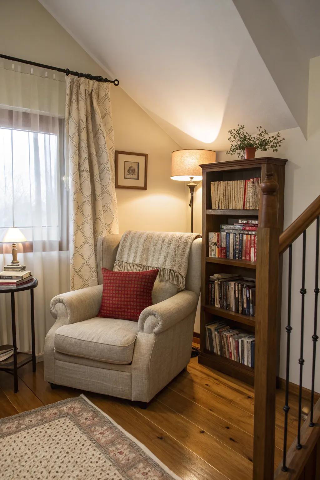 A reading nook offers a cozy escape for book lovers.