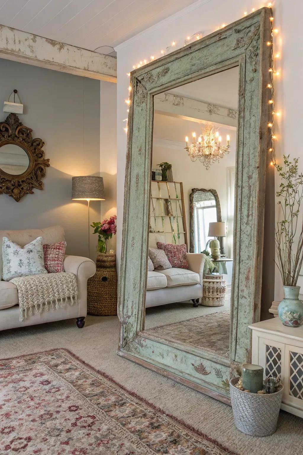 A patinated mirror adds depth and elegance to a shabby chic living room.