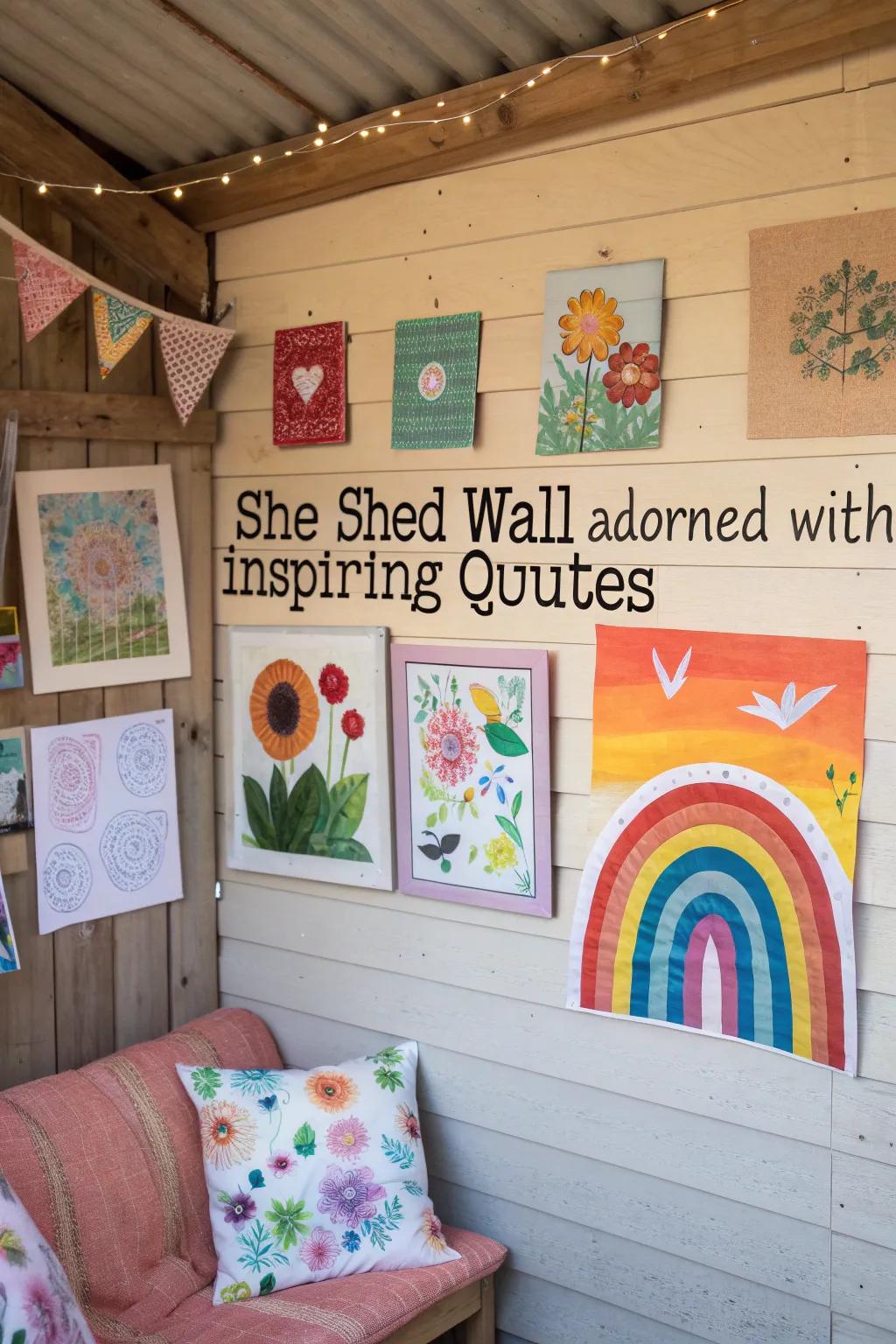 Inspiring artwork and quotes create a motivating atmosphere in a she shed.