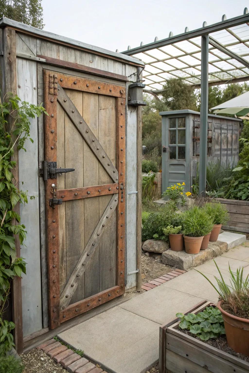 Reclaimed metal trim brings an industrial touch to this shed door.