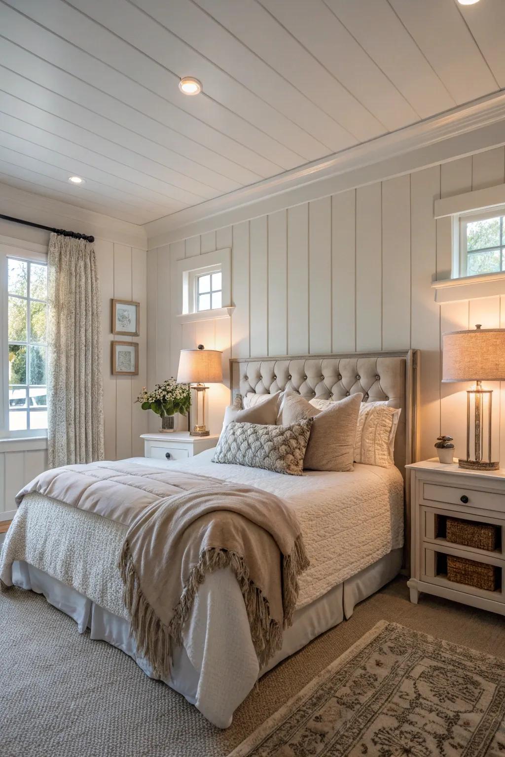 A serene bedroom with shiplap wainscoting for a touch of texture.