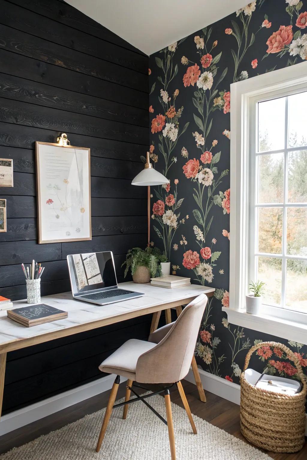 A home office featuring a combination of black shiplap and floral wallpaper.