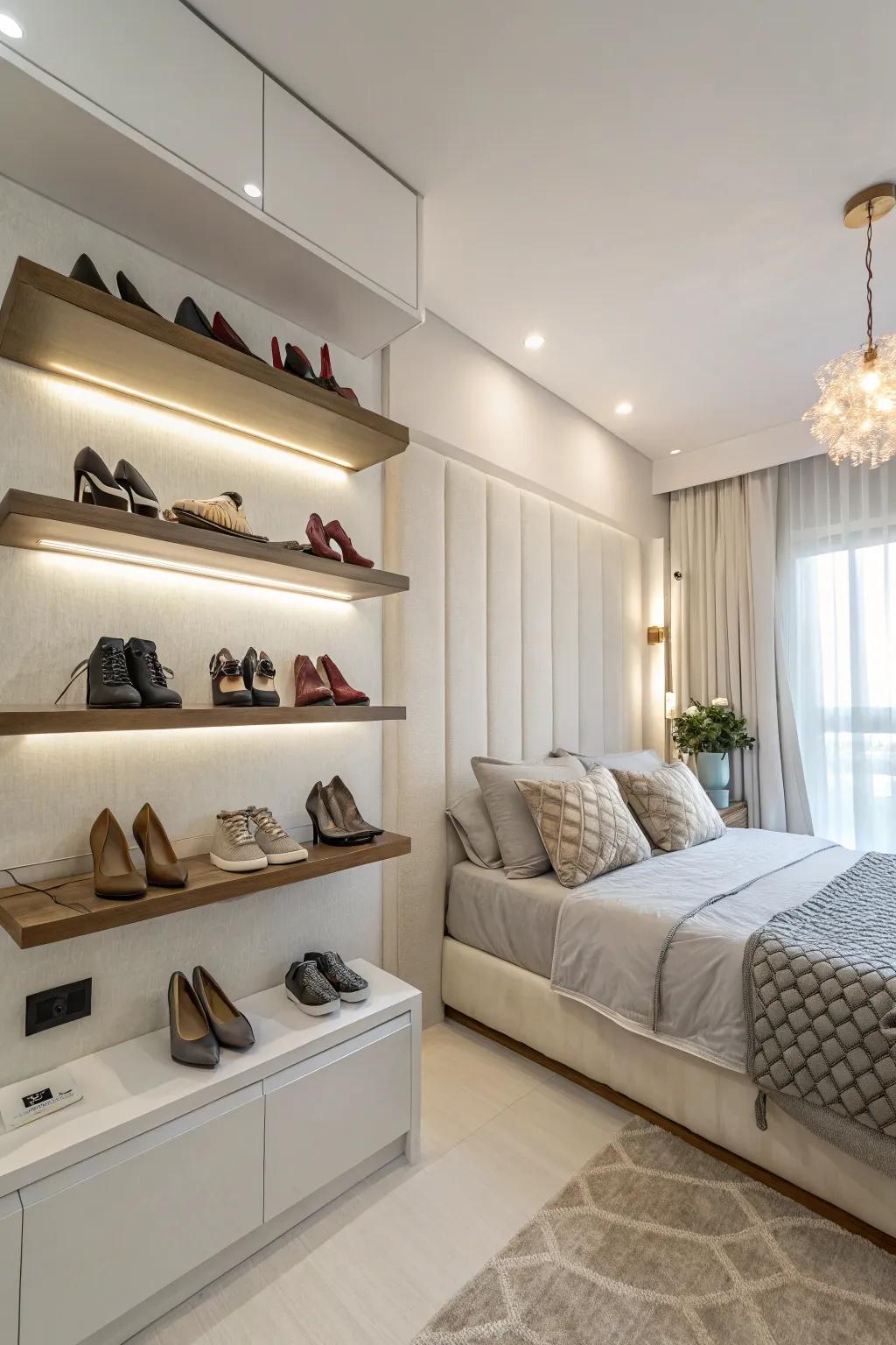 Floating shelves turn shoes into decorative displays.