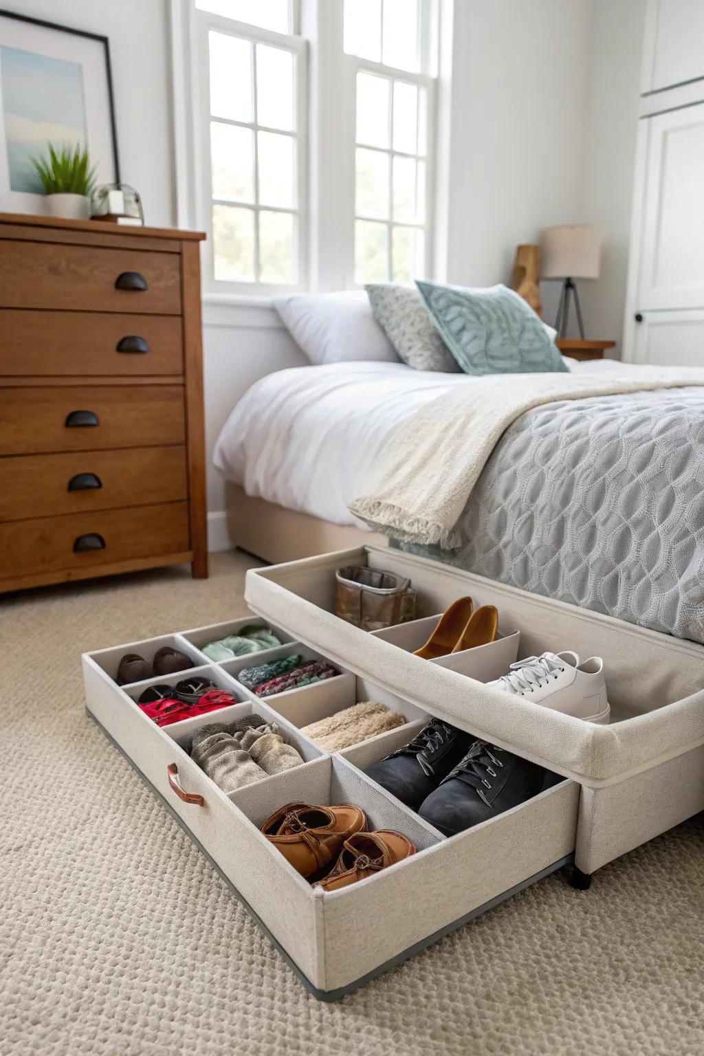 Make the most of under-the-bed space with discreet storage solutions.