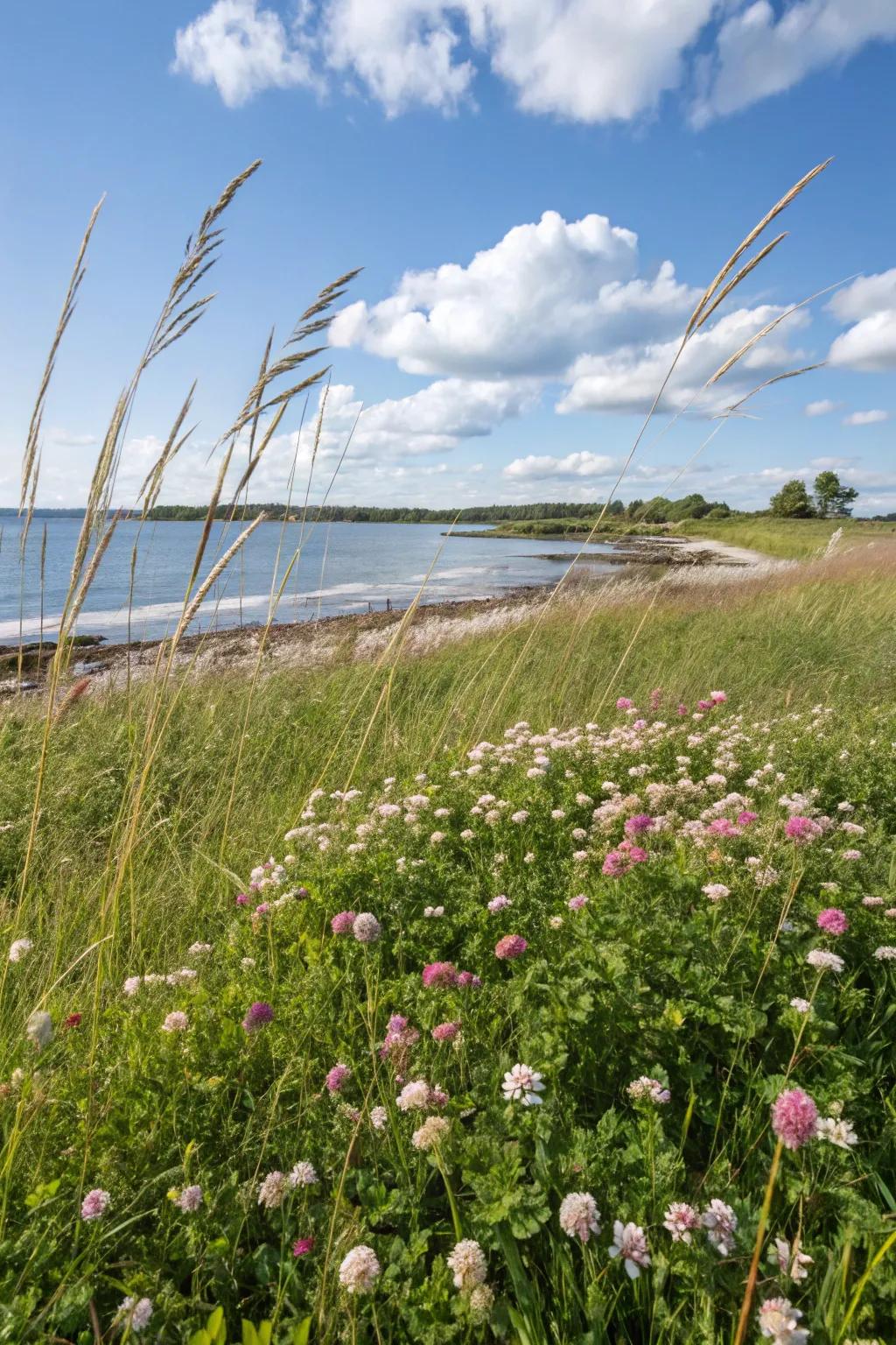 A low-maintenance clover lawn offering a sustainable and picturesque shoreline.