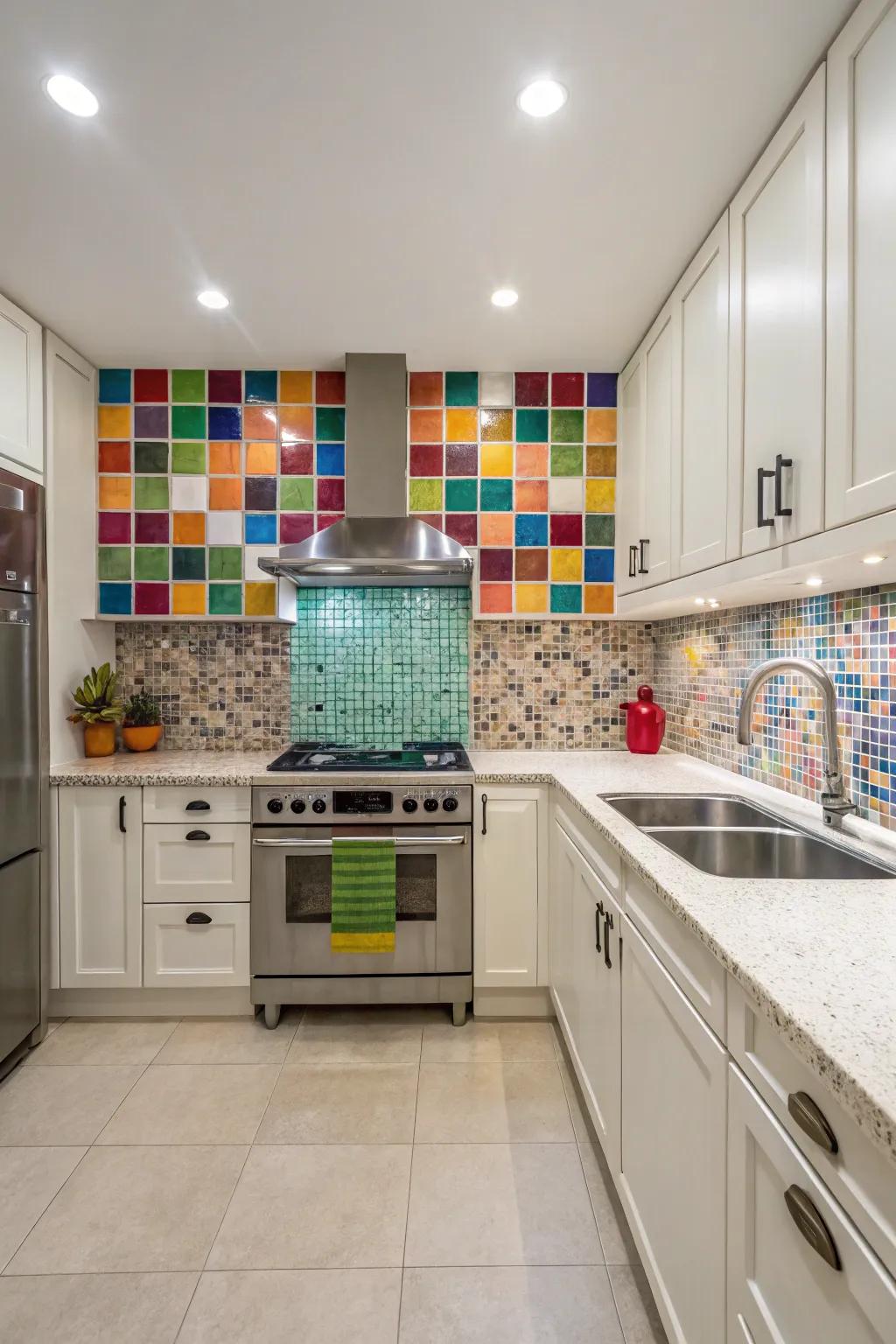 Mosaic tiles bring vibrant color and pattern to this lively kitchen space.