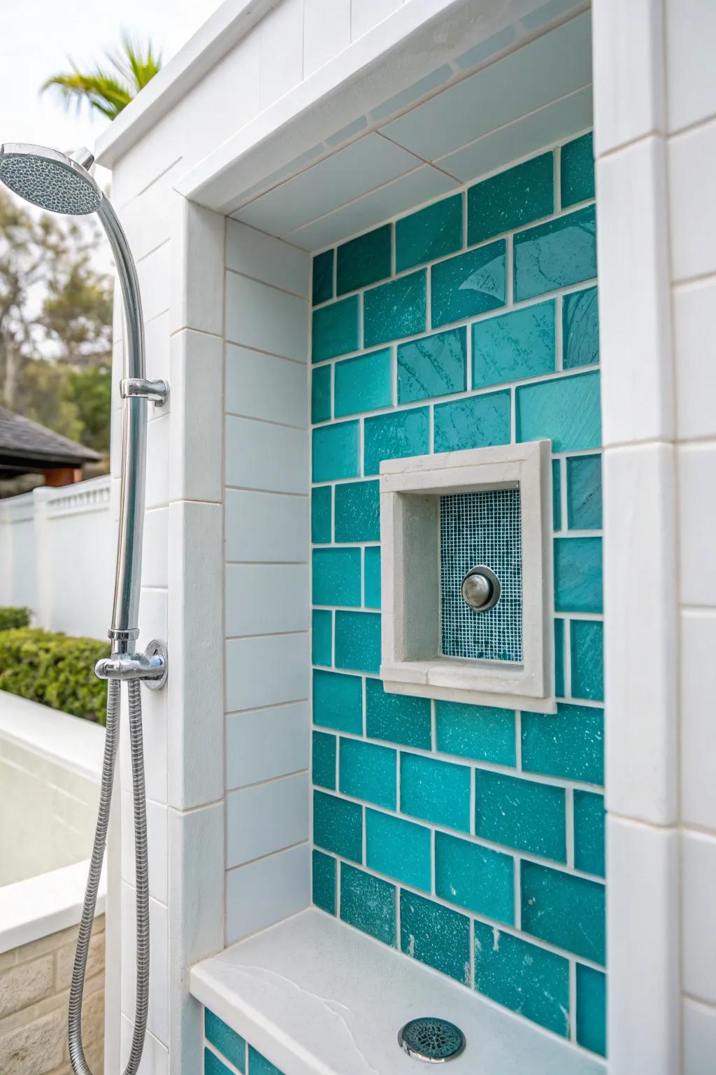 A colorful niche adds a playful twist to a classic white shower.