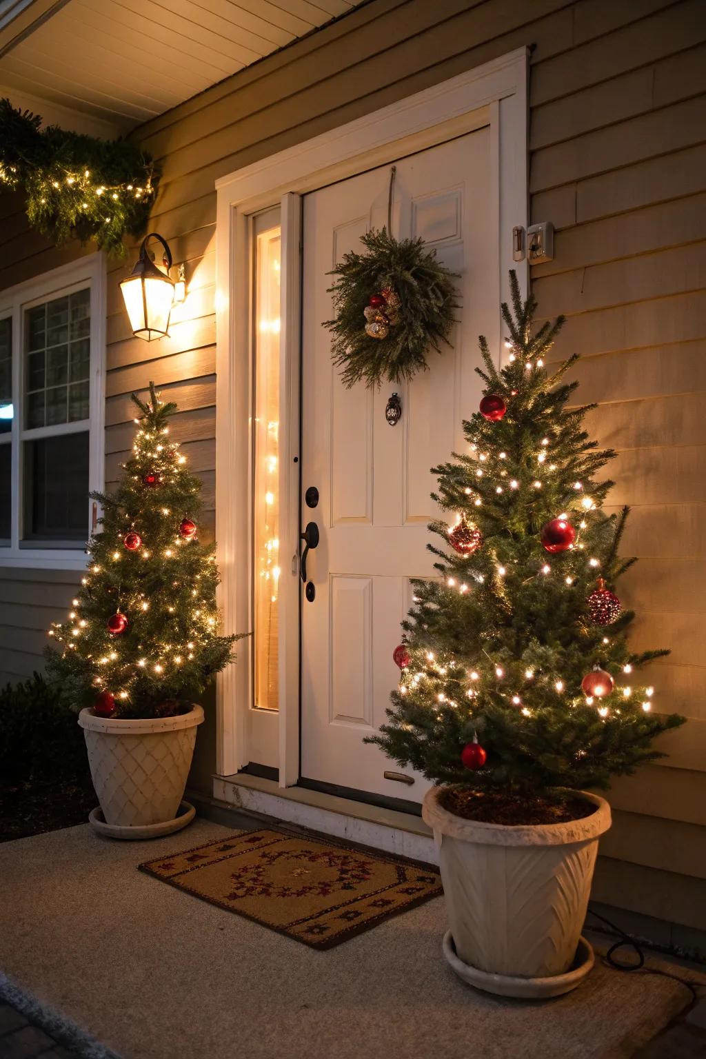 Mini Christmas trees adding elegance to a front entrance.