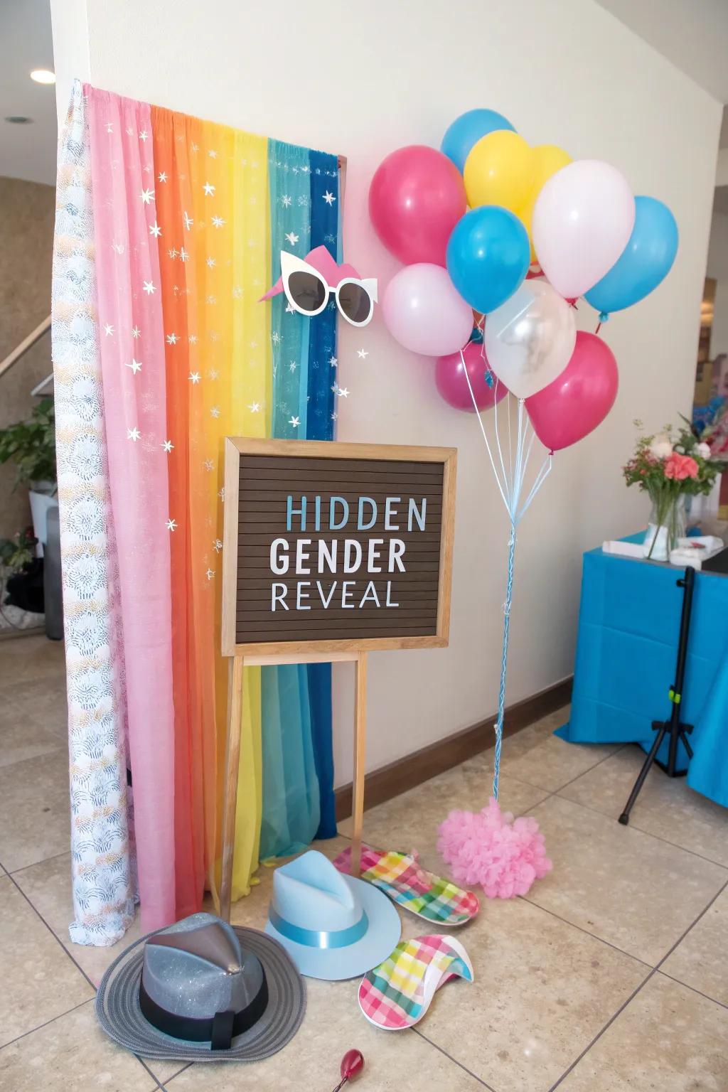 A fun photo booth setup with a hidden gender reveal.