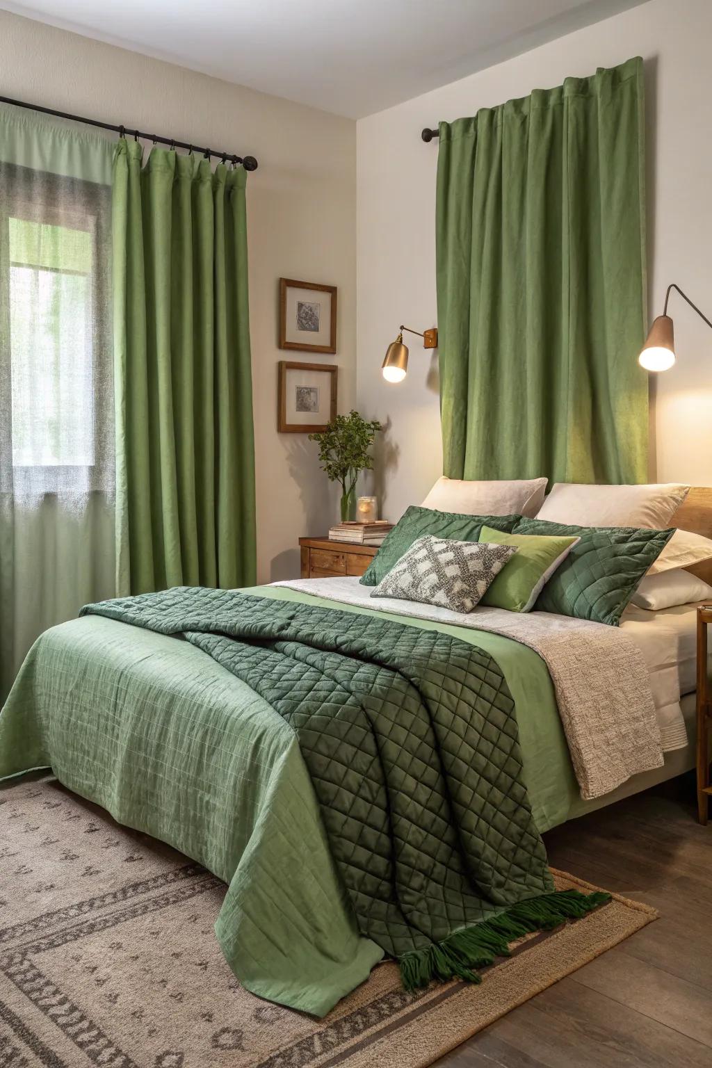 Layered green fabrics create a cozy and inviting atmosphere.