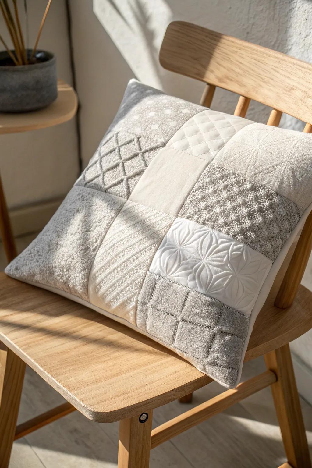 Discover the beauty in simplicity with this monochrome patchwork cushion, where craftsmanship meets minimalist elegance.