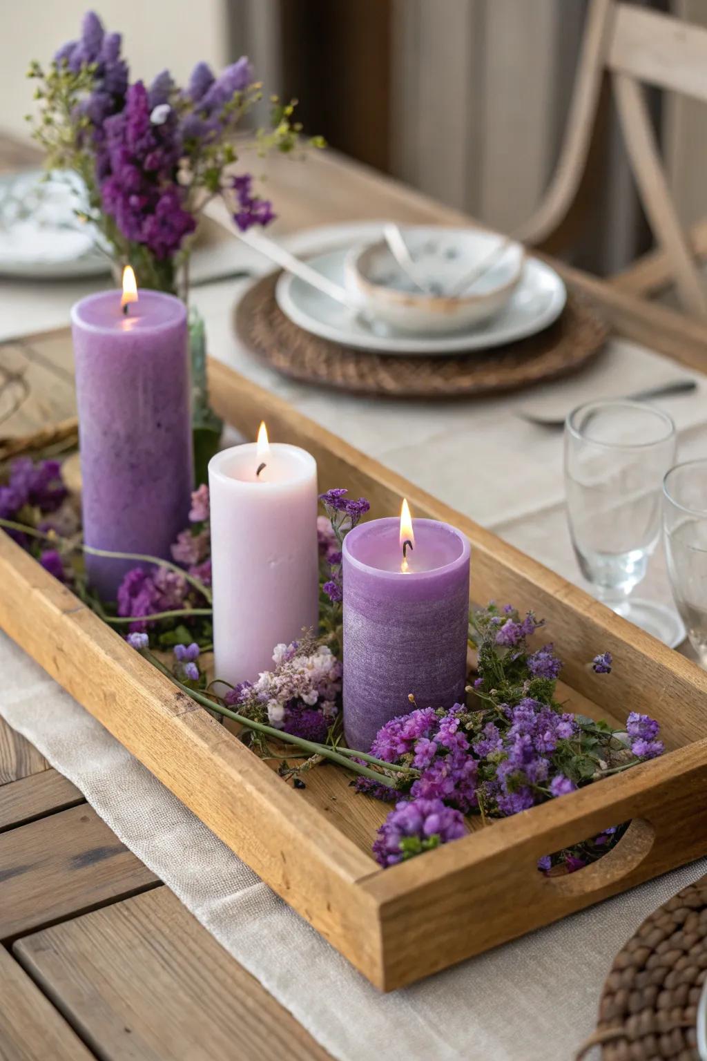 Purple candles and flowers create a warm centerpiece.