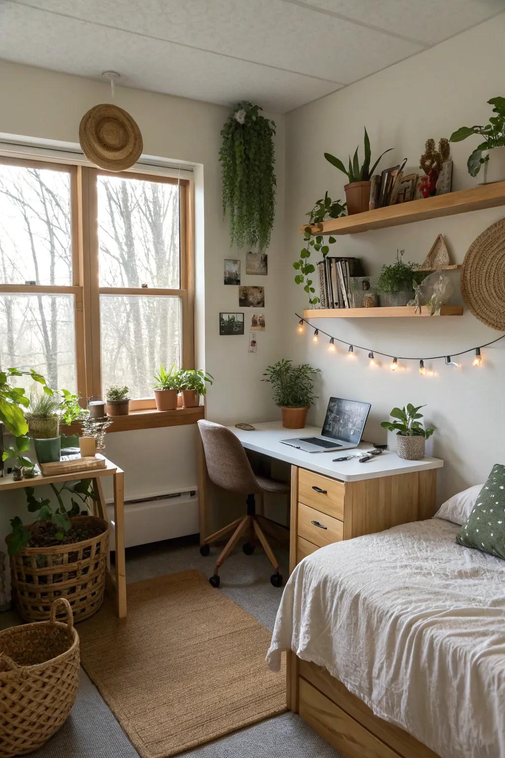 Greenery adds a fresh and natural touch to a dorm room, enhancing its ambiance.