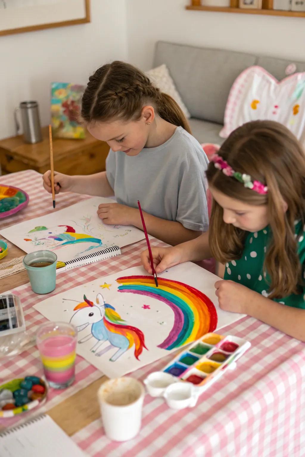 Kids painting magical unicorns with bright colors and glitter