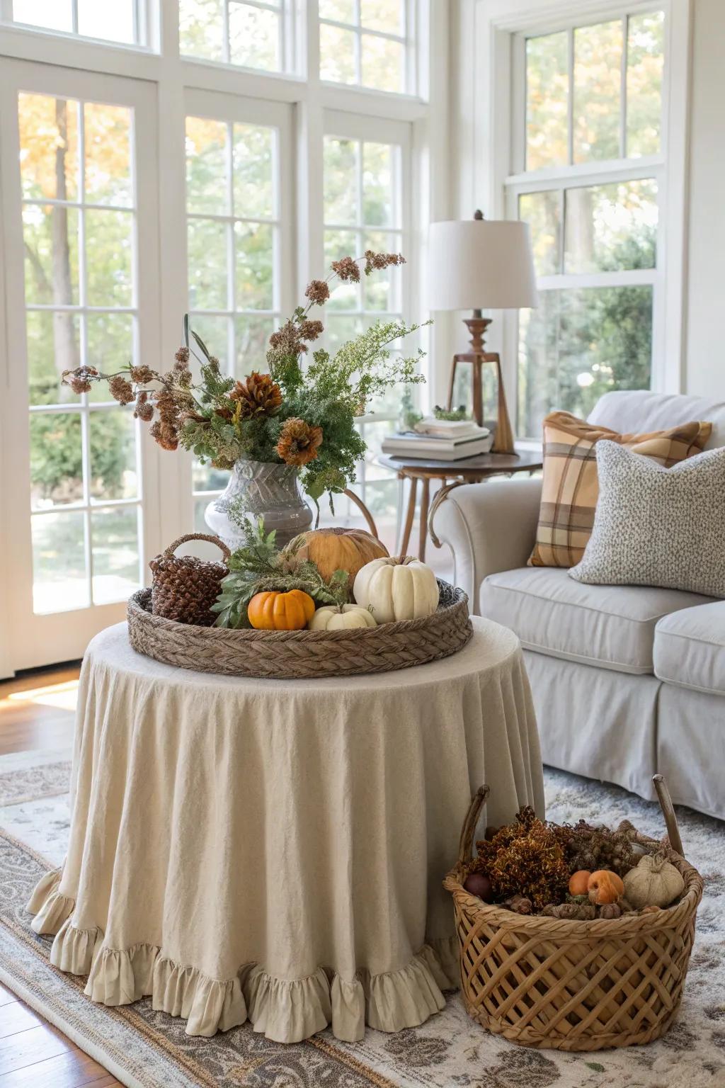 A side table with a seasonal slipcover, ready for the changing times in a lively living room.